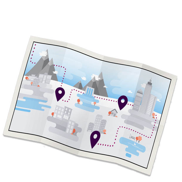 537520562 Image of map with illustrations of mountain and city skylines around the world, with dotted lines and location markers throughout